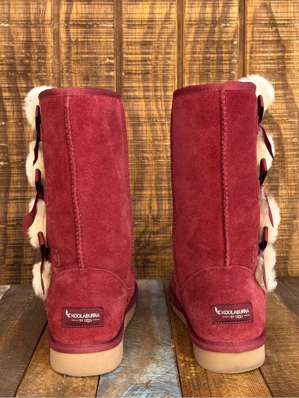 Koolaburra By UGG Victoria Red Wine Color Tall Boots With Pom-Pom Bows